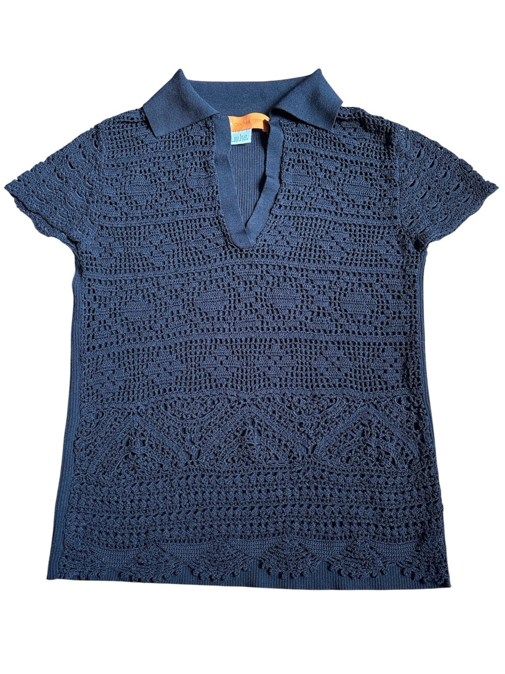 crochet lace top cap sleeve polo collar black stretch L whimsygoth vneck